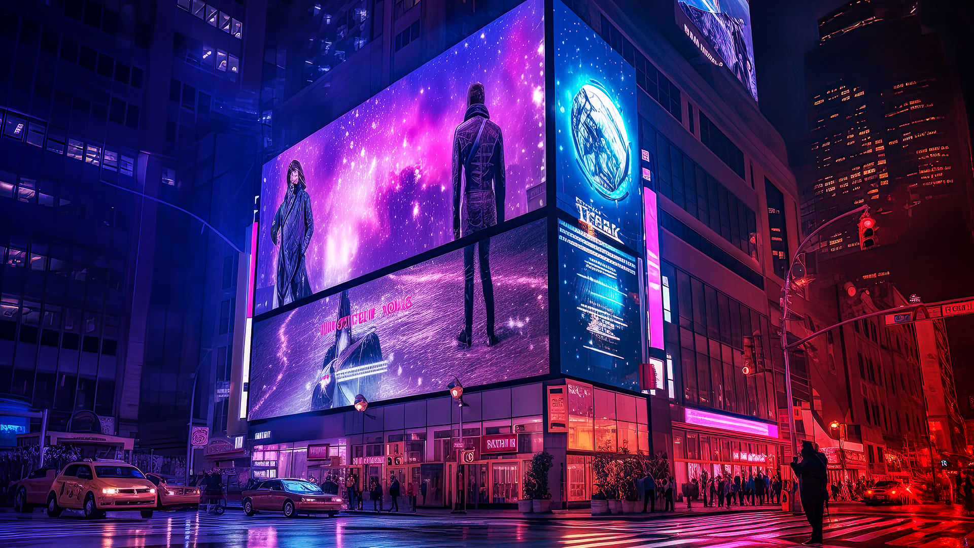 All eyes on digital marketers Digital marketers: an LED billboard at an intersection is displaying an ad for a thrilling action movie.