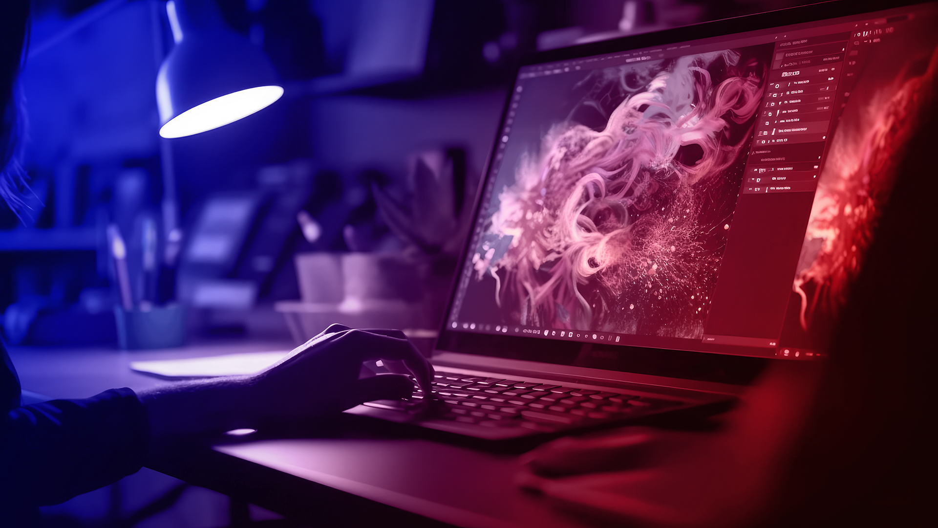 Wie verändert generative KI den kreativen Prozess? Generative KI: Eine Person erstellt am Laptop ein abstraktes, farbenfrohes Design.