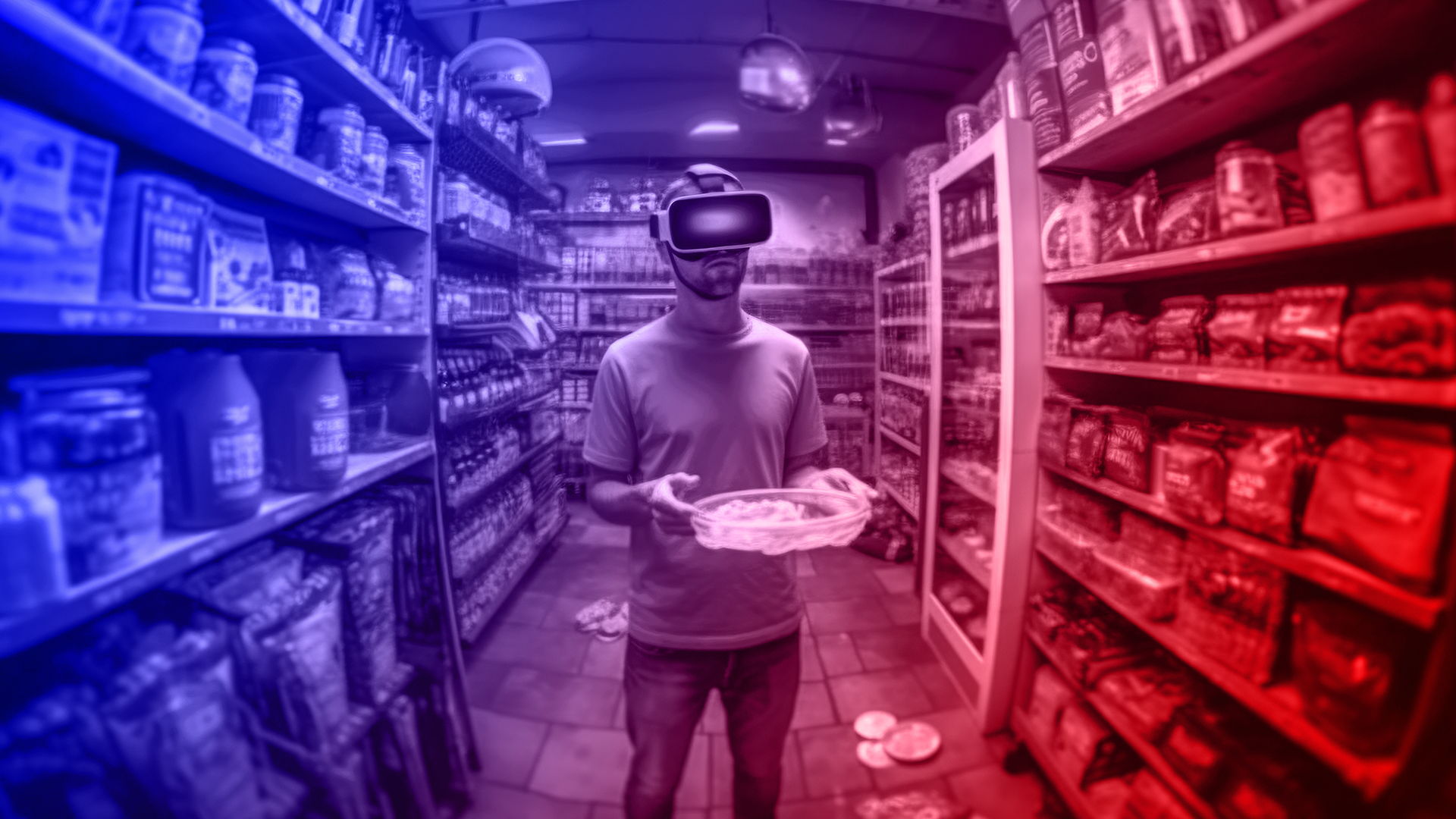 VR marketing in the food industry: a person wearing a VR headset is shopping in a grocery store.