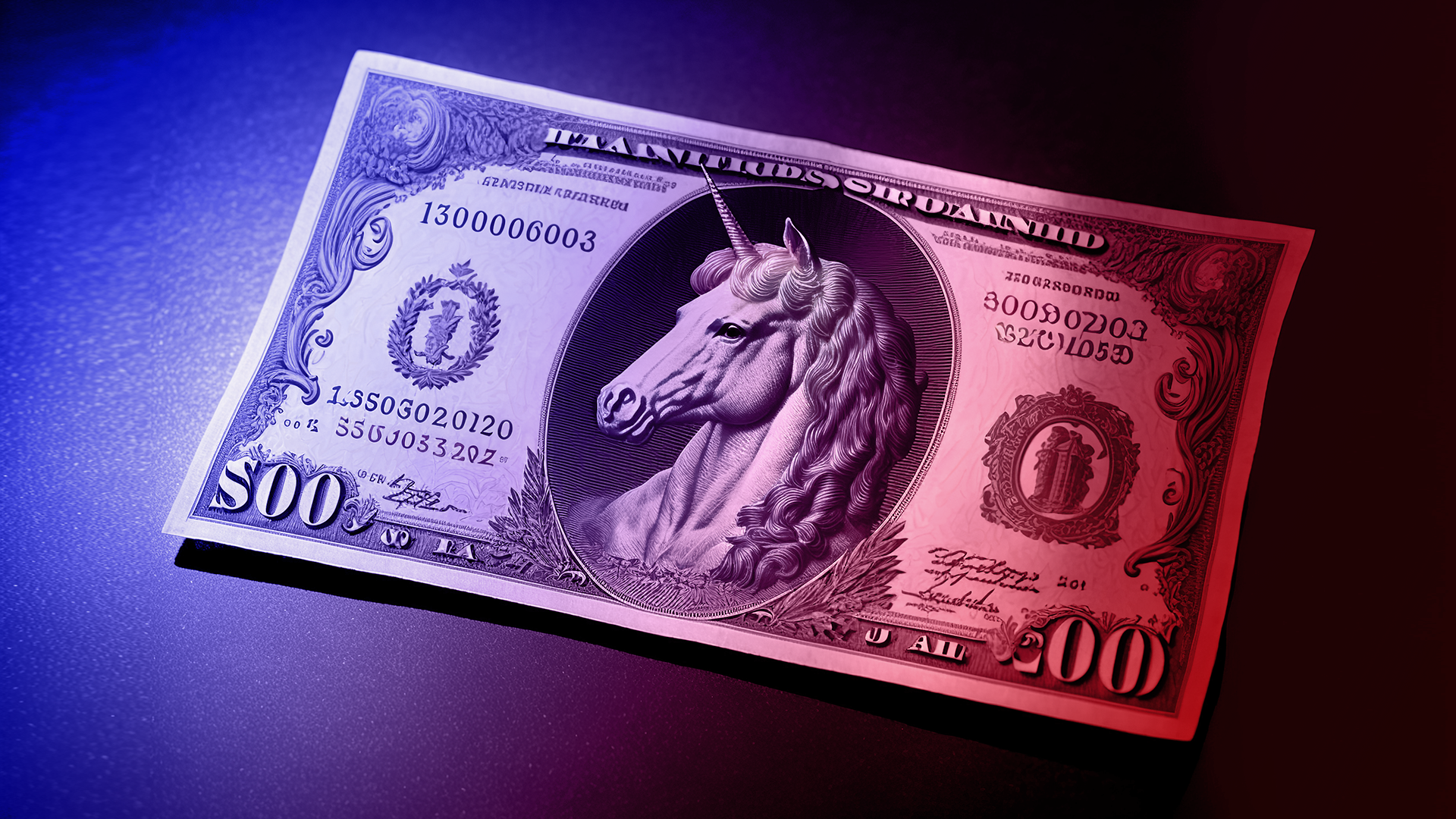 Venture capital fund for AI startups  Venture capital fund: a banknote with a unicorn printed on it