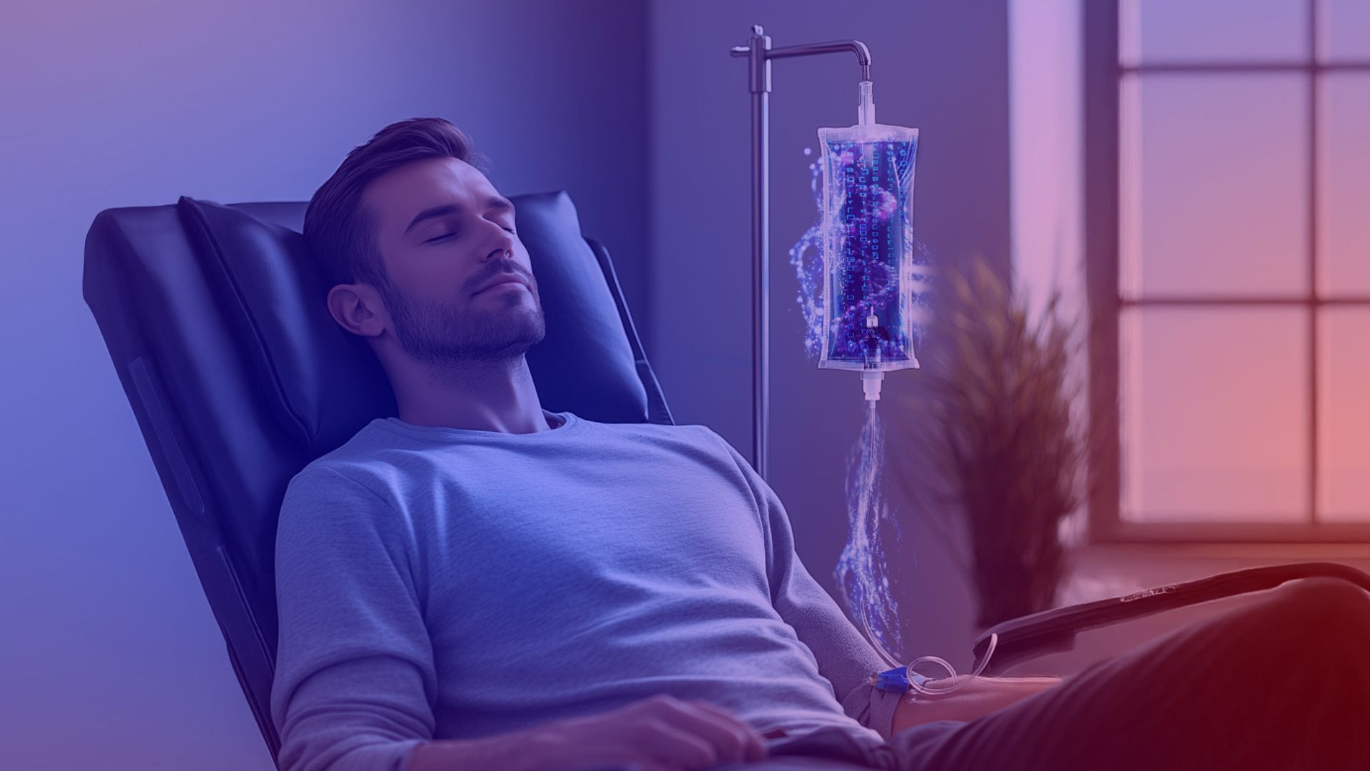 A man relaxing in a chair, receiving a futuristic infusion of glowing data streams – a symbiosis of technology and medicine.