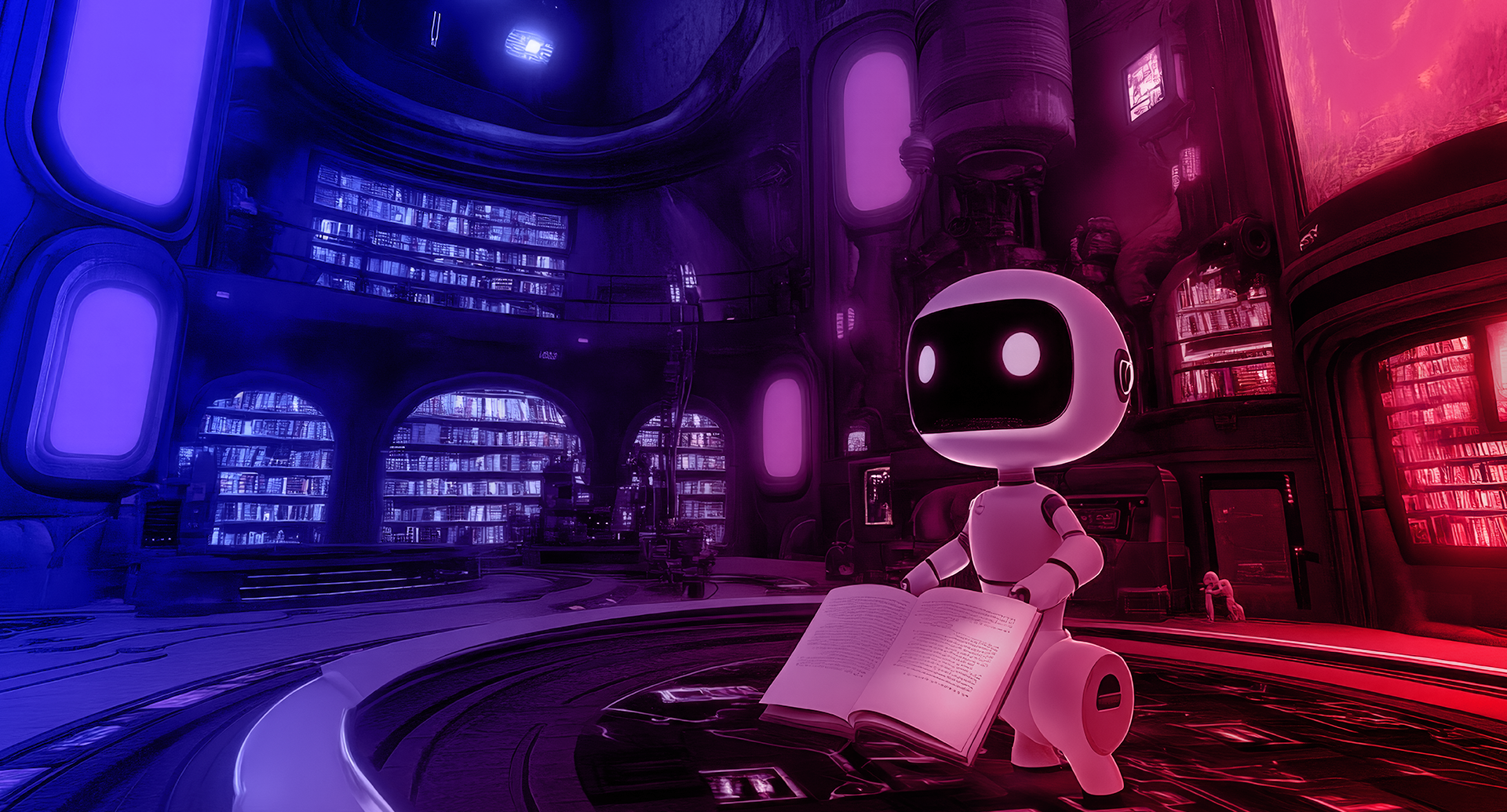 Interactive Fiction als Marketing-Boost. Interactive Fiction: Ein Roboter steht in einer futuristischen Bibliothek und hält ein Buch in den Händen.