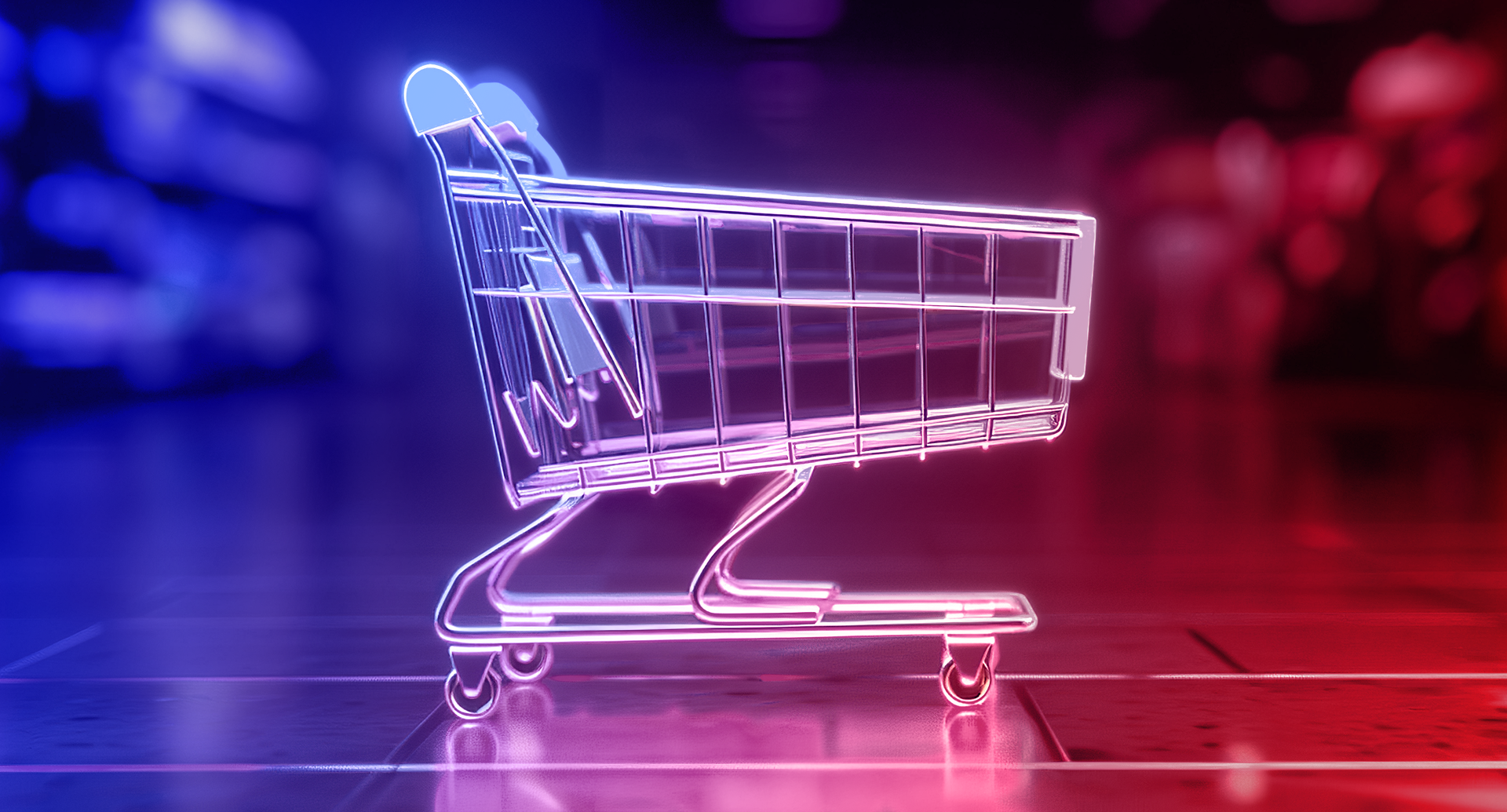 E-Commerce trends in 2025 A digital shopping cart in fluorescent colors symbolizes the e-commerce trends of 2025.