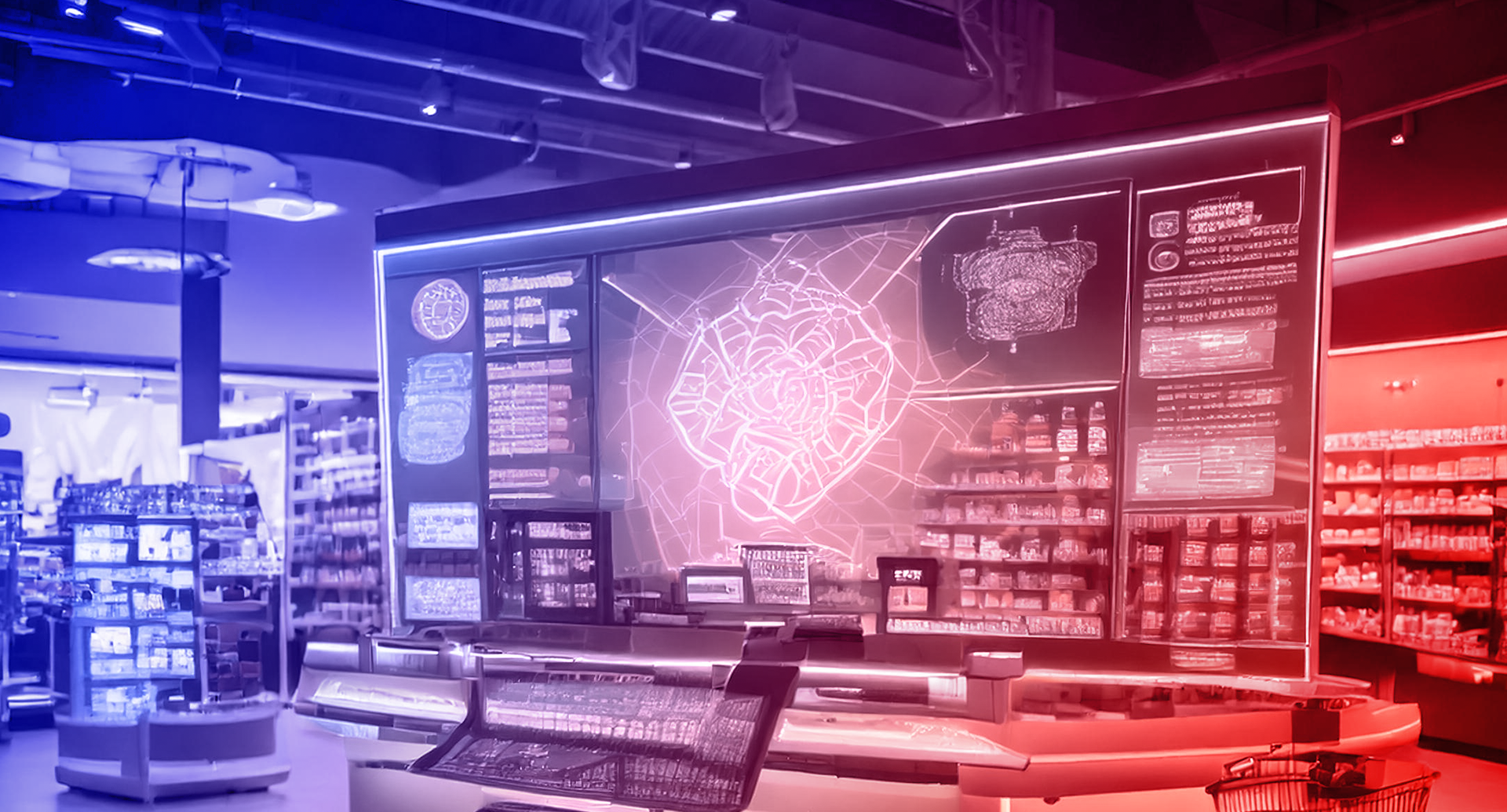 POS Marketing im stationären Handel POS Marketing: Beispielbild eines Supermarkts mit großem digitalem Screen