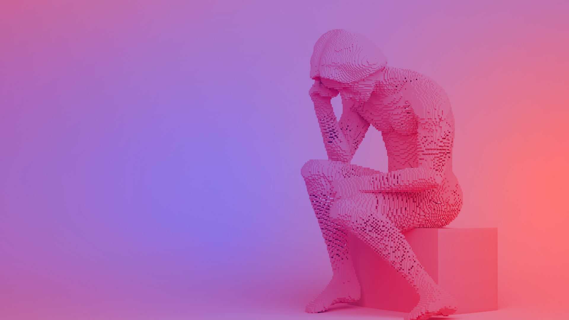 DMEXCO Column: Evgeny Popov on Marketing Relevance Marketing Relevance: A replica of the sculpture “The Thinker” made of pink building blocks, sitting on a plinth against a colorful gradient background.