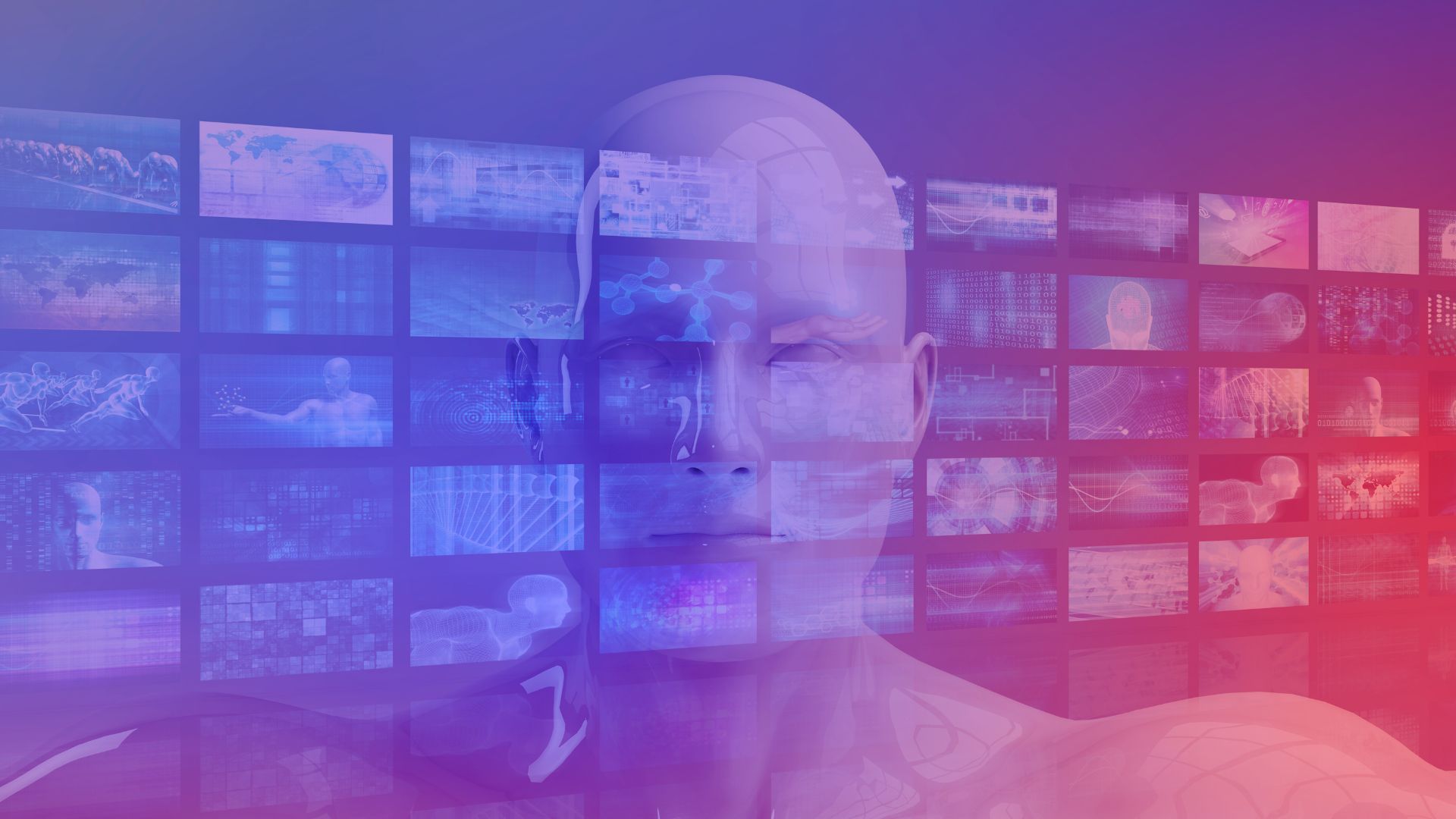 DMEXCO Kolumne: Robin Heintze zu KI als CRM Boost Futuristischer Kopf mit KI und CRM-Bezug vor digitalen Bildschirmen – Symbol für smarte Datennutzung.