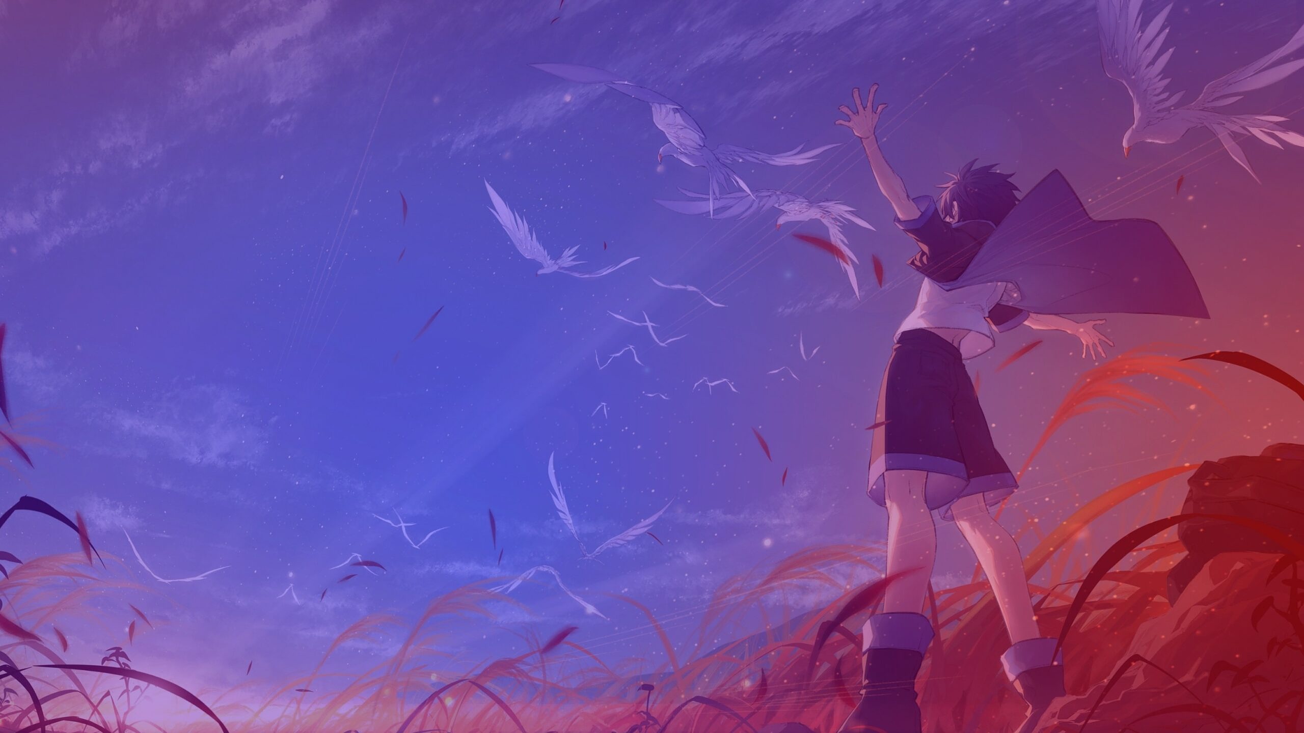 Anime-inspirierte KI-Visualisierung Person in stilisierter Anime-Umgebung mit flatternden Vögeln im Sonnenuntergang – KI-Visualisierung in Ghibli-Ästhetik