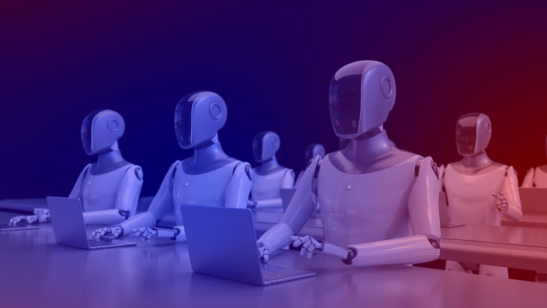 DMEXCO Kolumne: Evgeny Popov über AdCP als neuer Standart bei KI-Automatisierung in der Werbung. Mehrere Roboter arbeiten an Laptops – Symbolbild für AdCP und KI-basierte Werbeautomatisierung.
