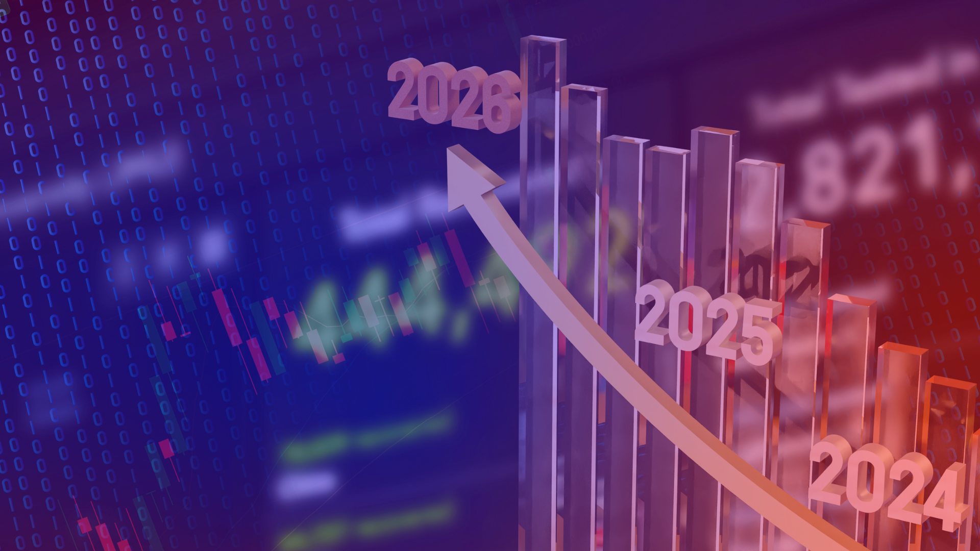 An upward-pointing arrow and a bar chart (2024–2026) against a background of a data graphic as a symbol for strategic marketing in 2026