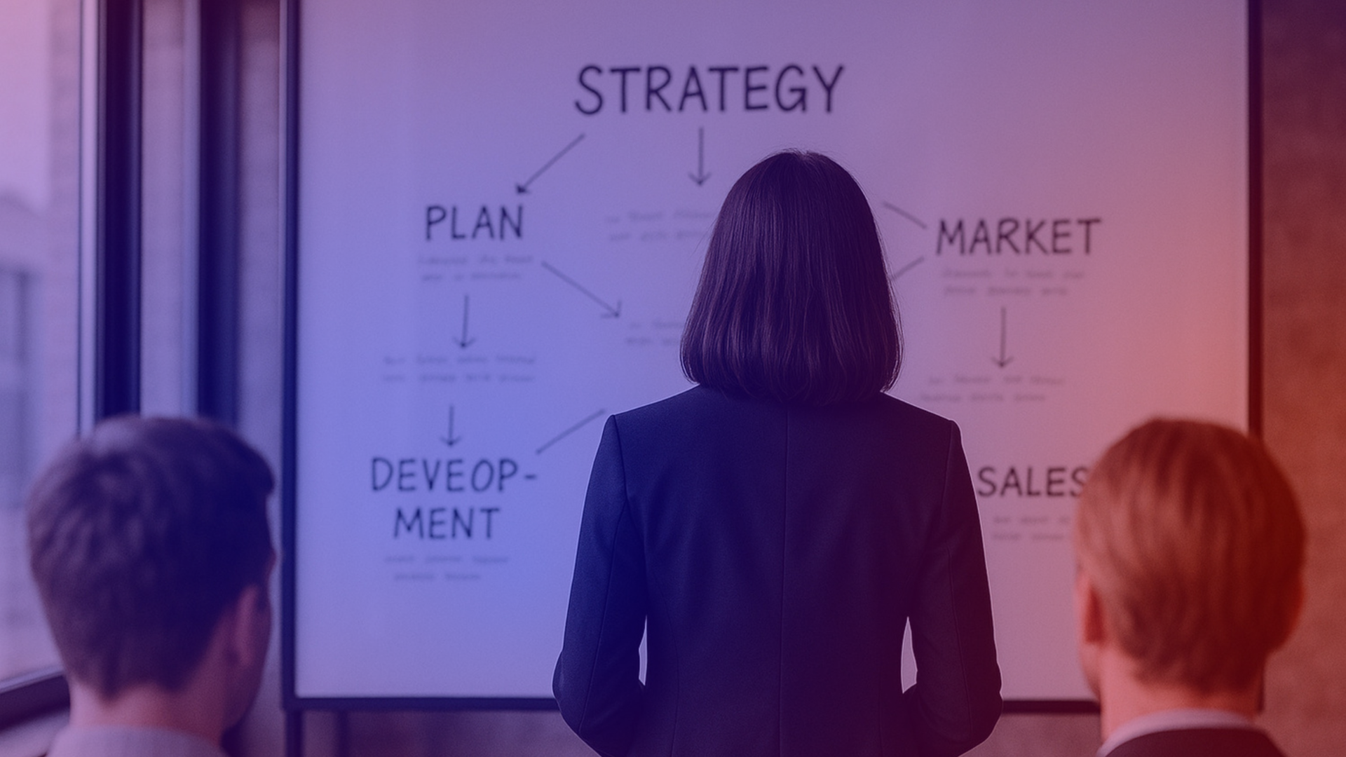 Frau präsentiert Marketing-Strategie mit Fokus auf Plan, Markt, Entwicklung und Sales im Kontext von Marketing im Wandel 