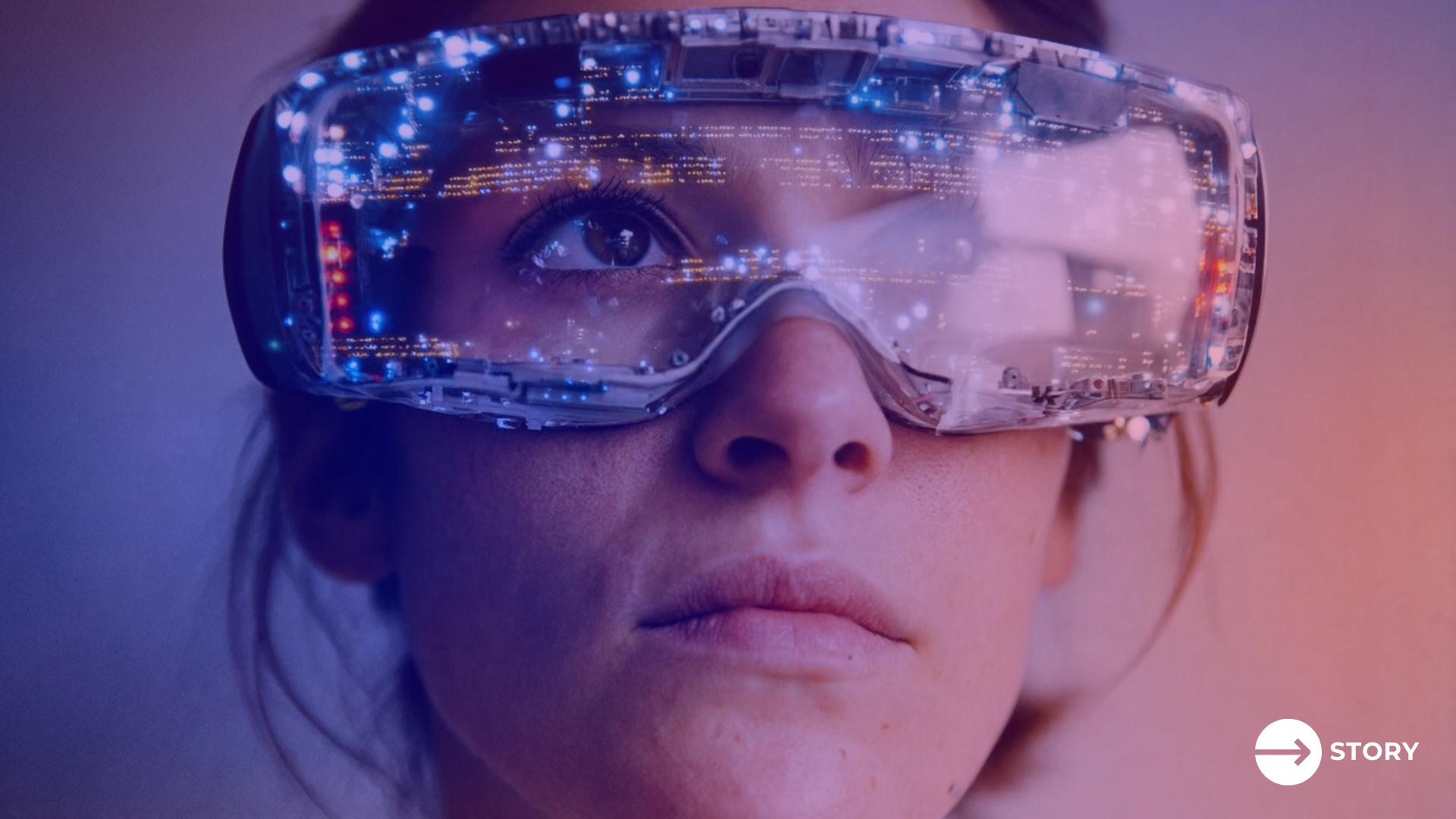 A photograph of a woman wearing smart glasses, an example of immersive marketing technology. 