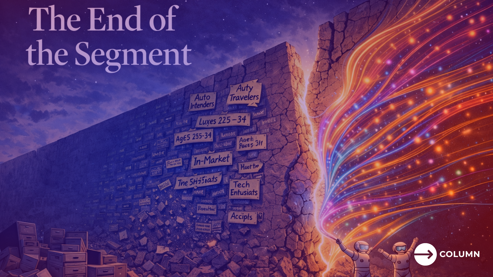 Image of a breaking segmentation wall from which a colored data stream flows out—a symbolic image for the end of classic target group segments.