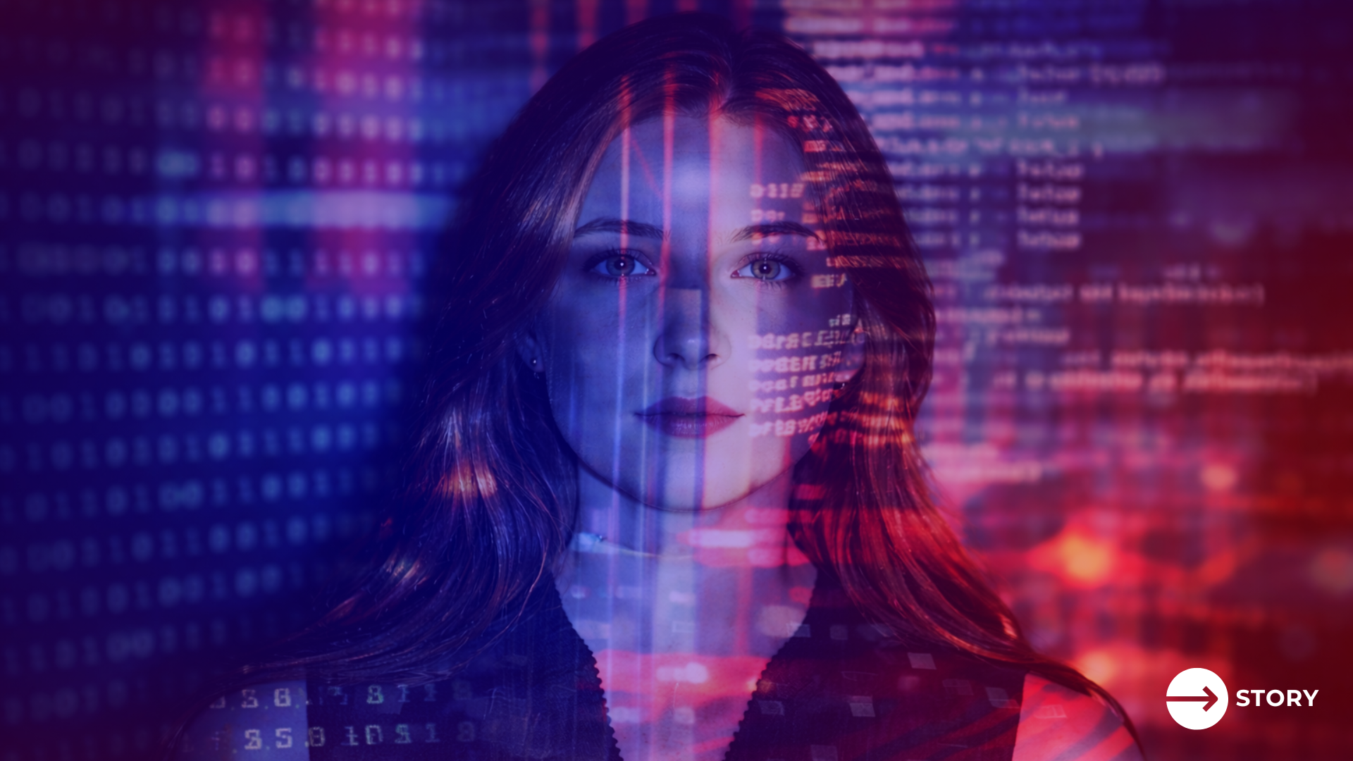 A woman’s face is illuminated by code to symbolize synthetic marketing.