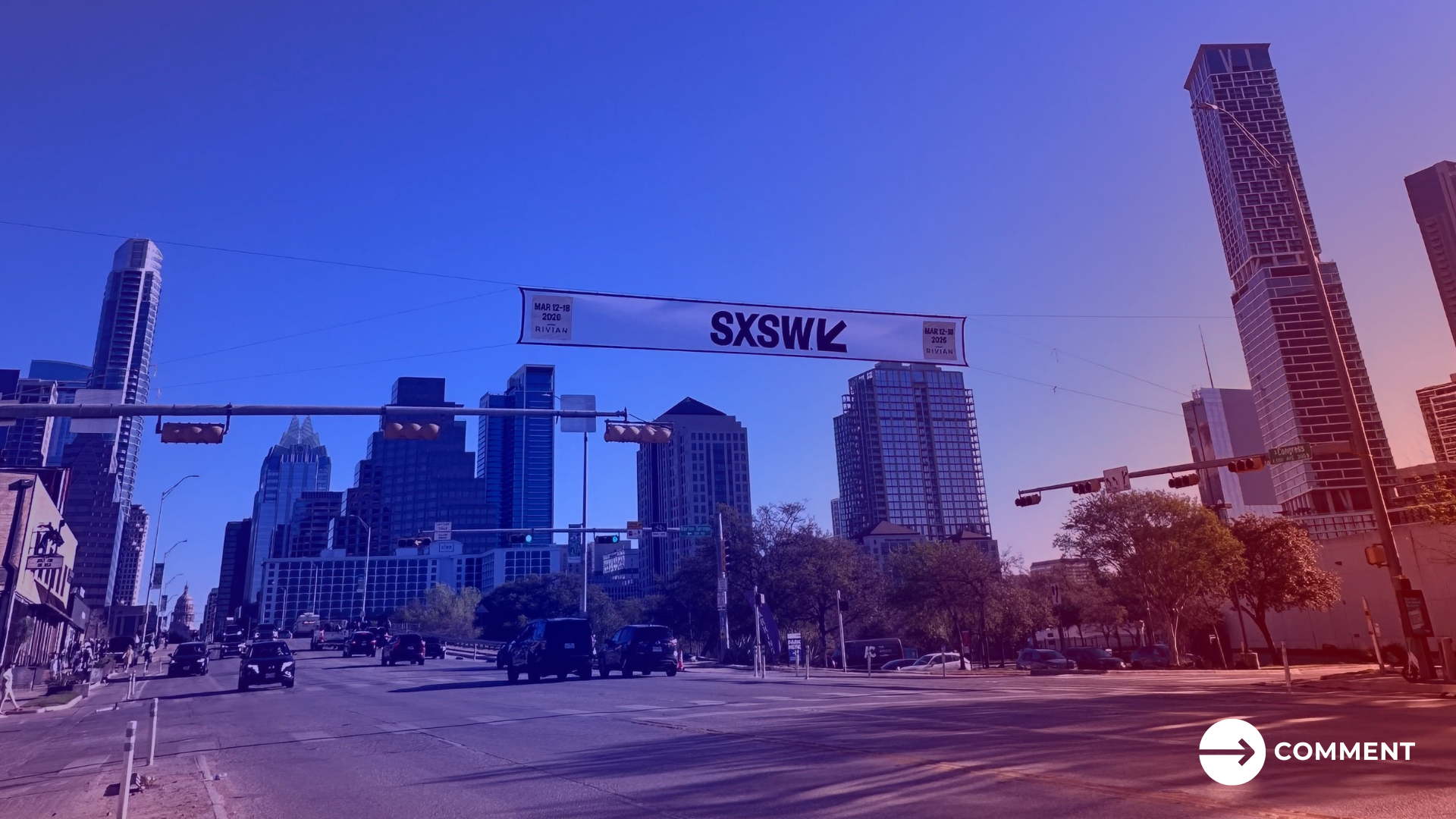 A banner reading “SXSW” in Austin