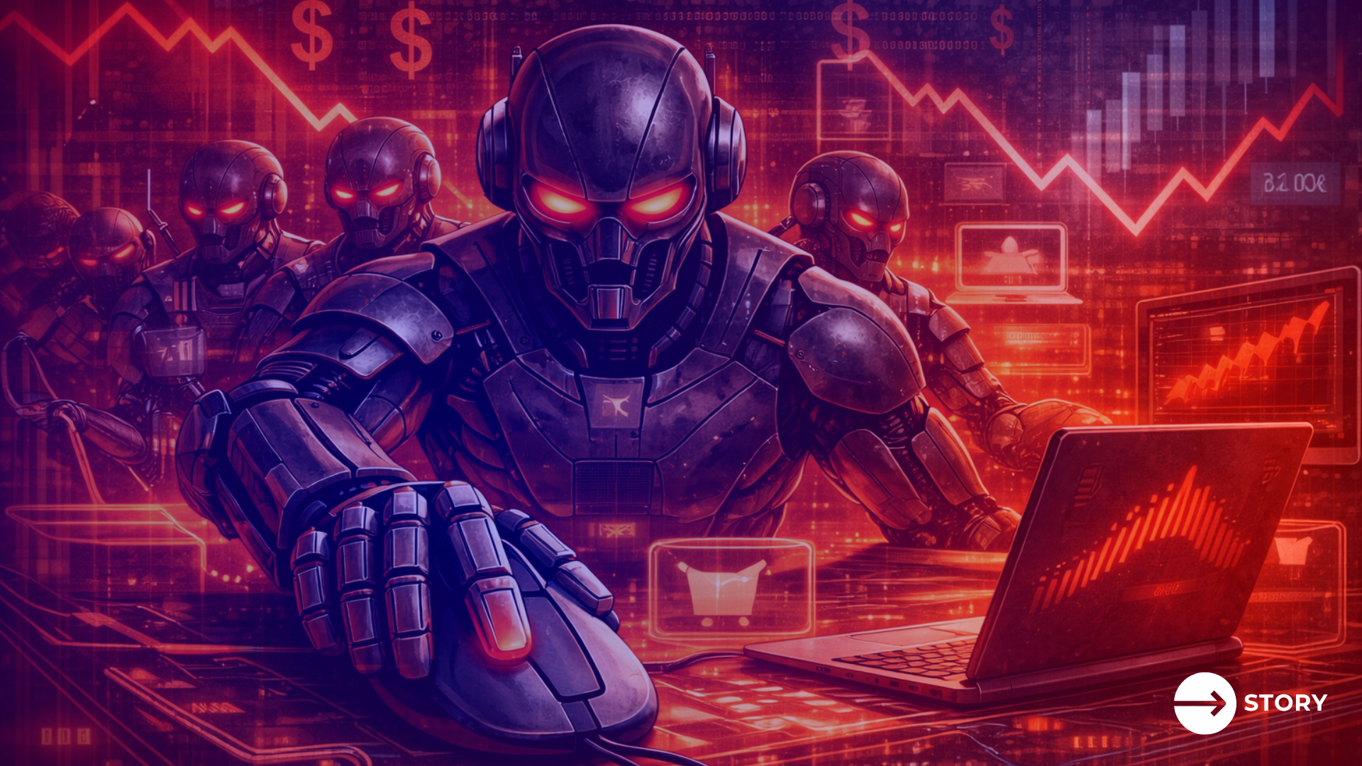 An image of a group of sinister-looking robots using a laptop symbolizes bot traffic. 