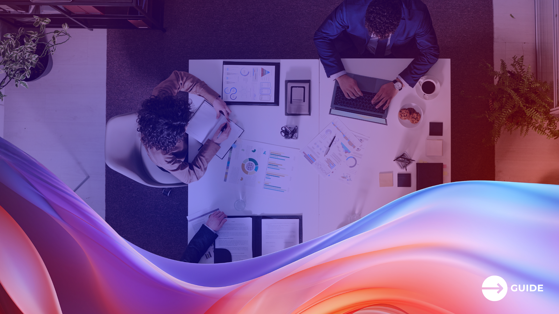 A bird\'s-eye view of a marketing team as a symbolic image of AI in marketing 