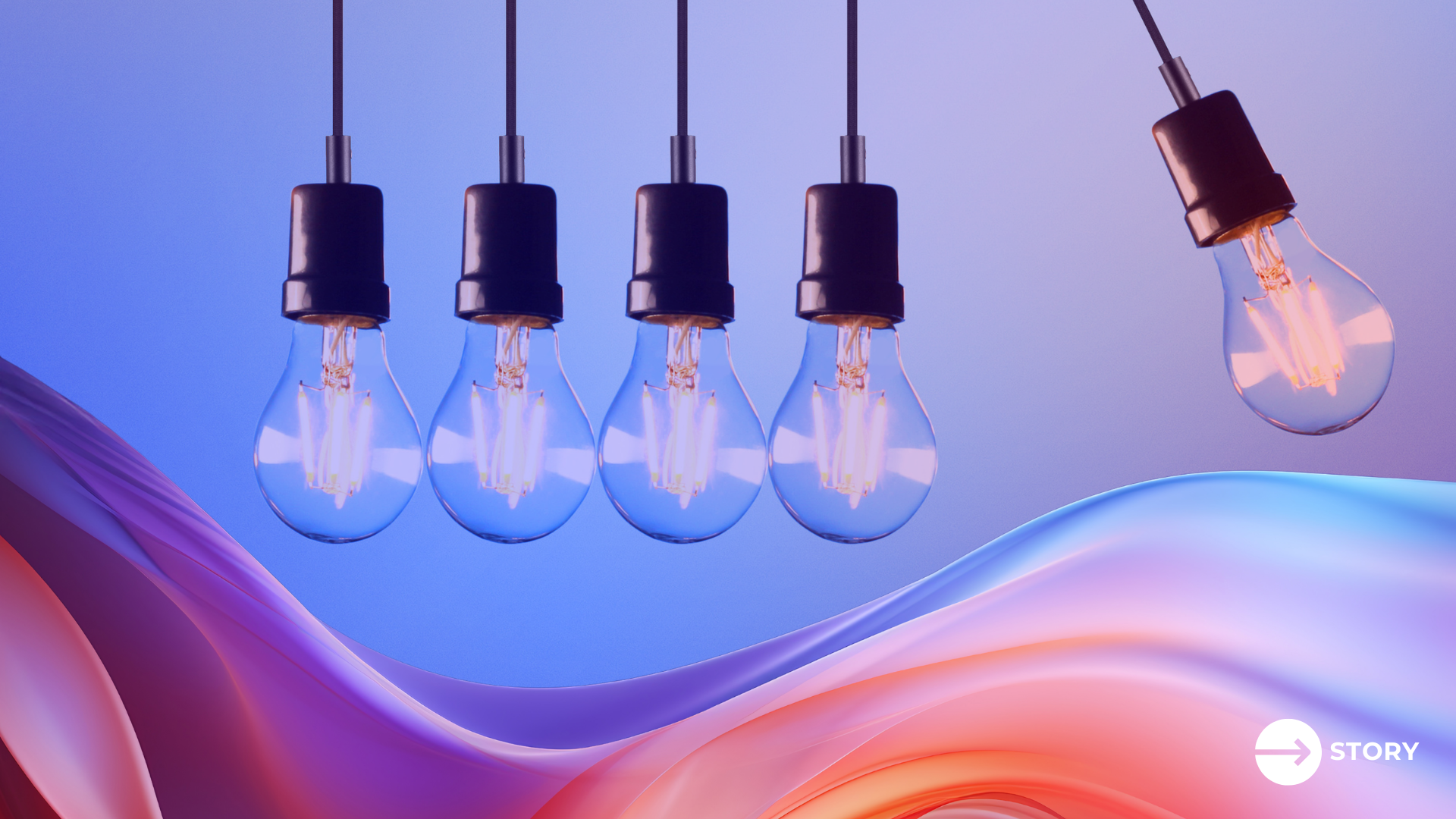 Five light bulbs, one of which swings away from the others and shines brightly, symbolizing successful AI use in business.