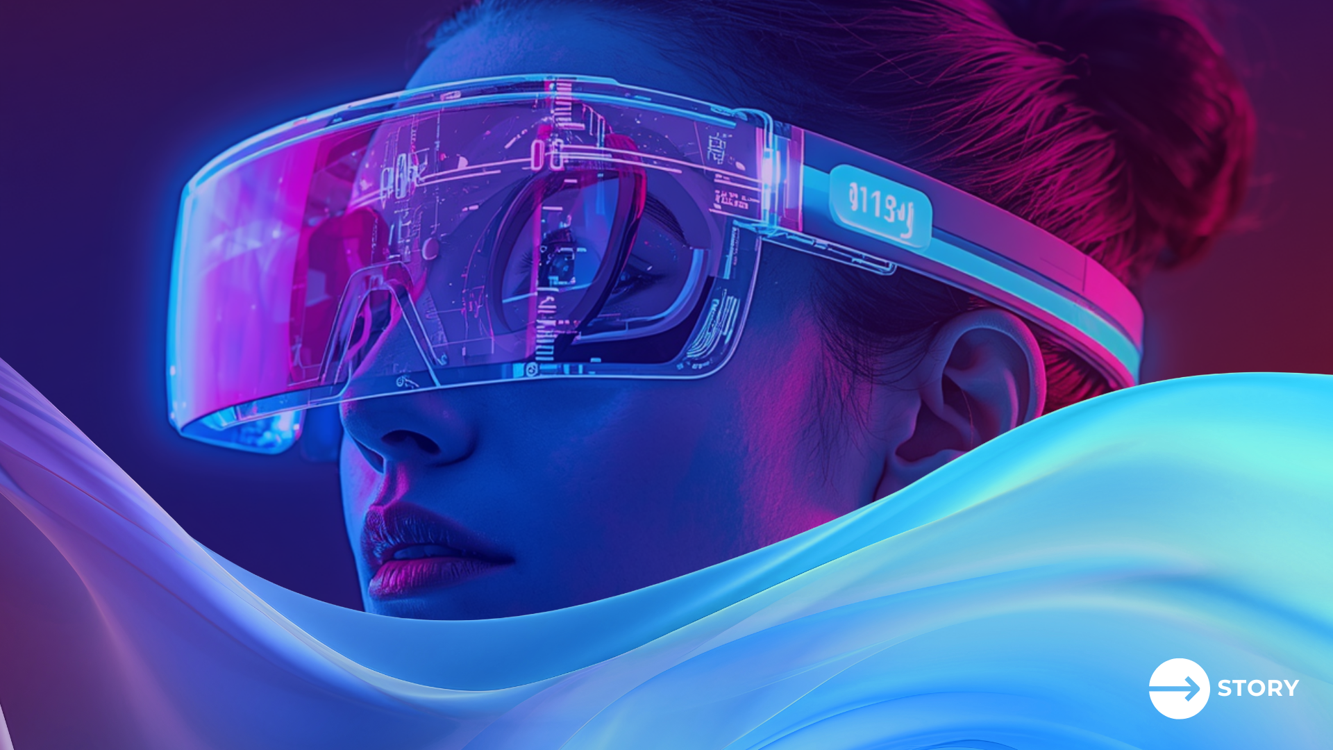 Virtual try-on technology is represented by a woman wearing smart glasses. 