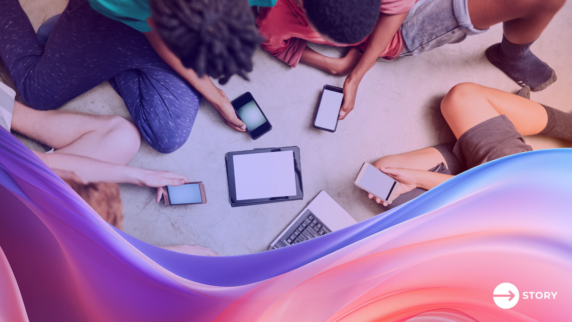Young people sit together, looking at multiple smartphones, tablets, and laptops, symbolizing the new discoverability concept. 