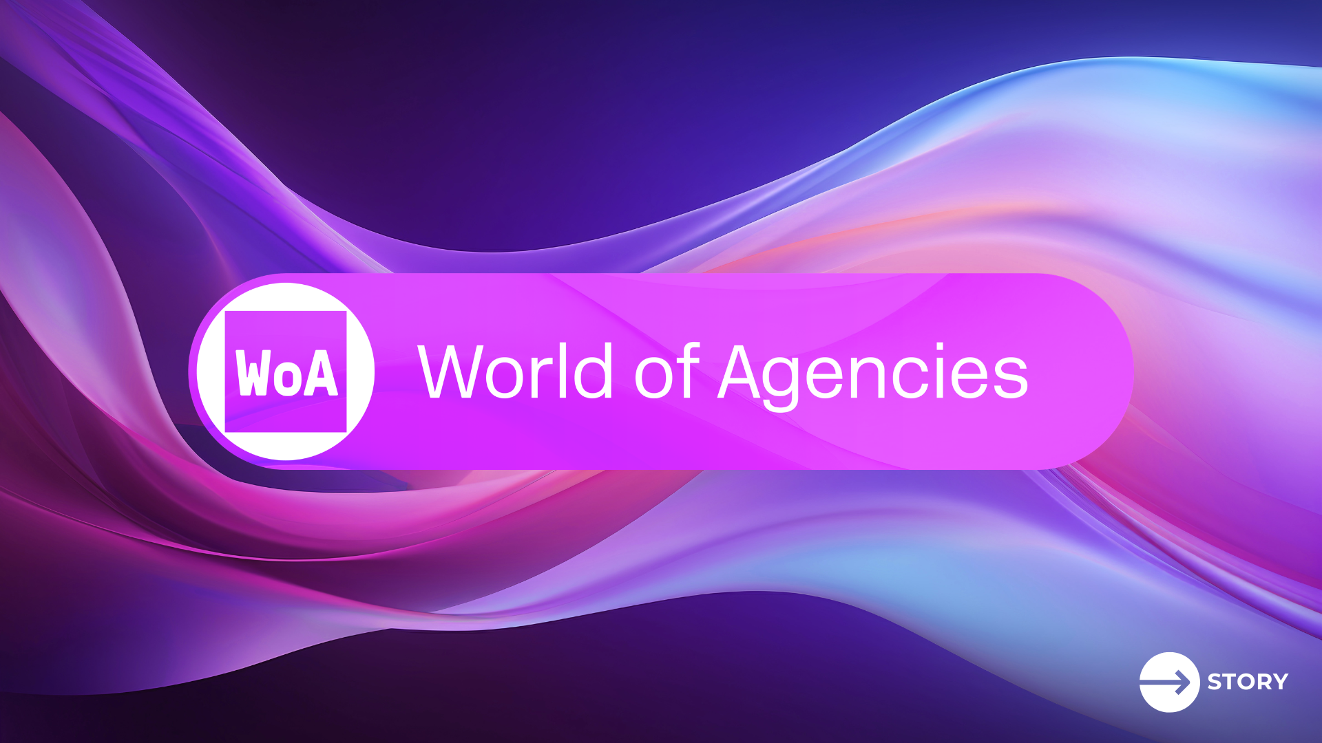 WoA and World of Agencies on a purple banner, with AI in marketing represented by a flowing, ribbon-like shape in the background.